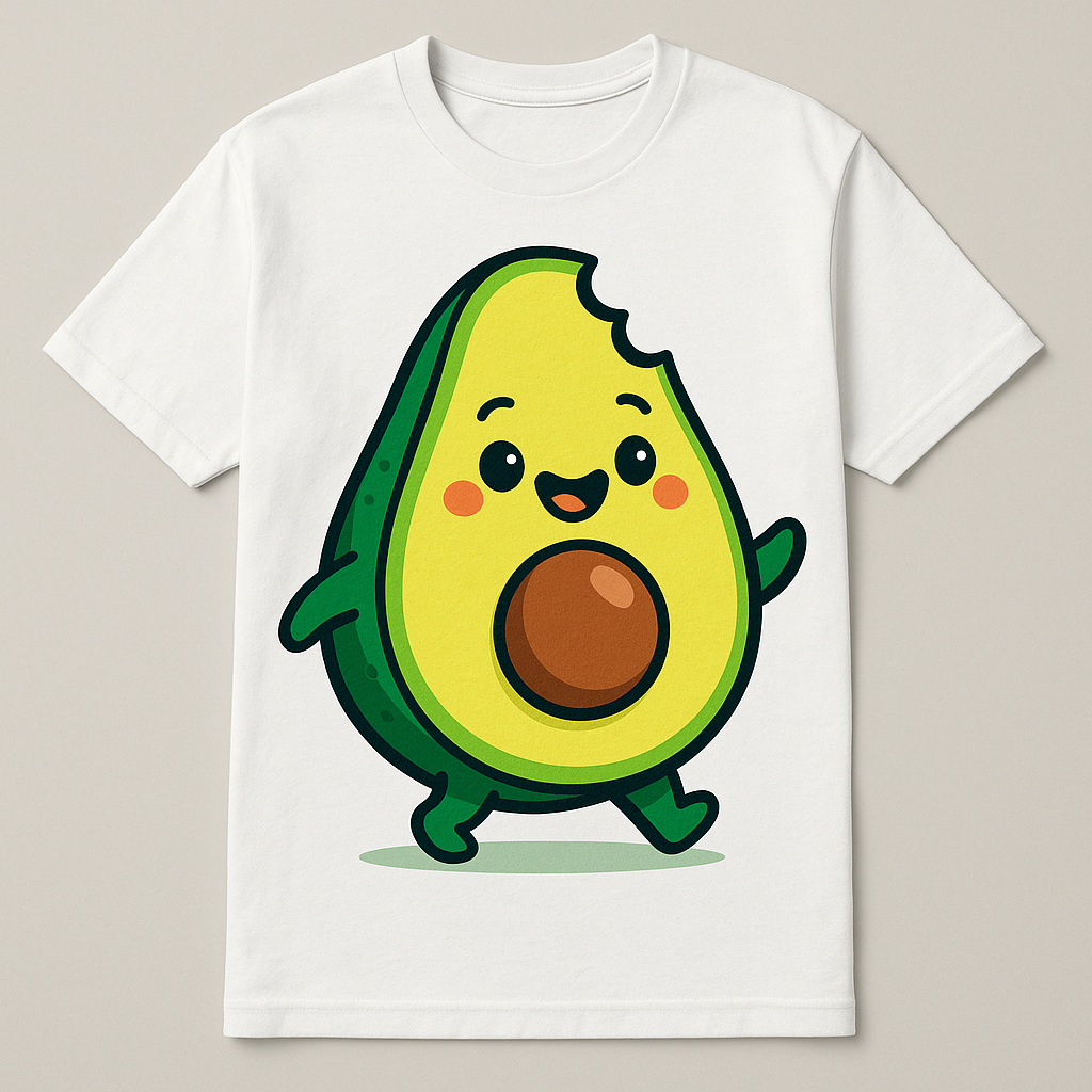 TacoTypo Food Art T-Shirt: Smiling Avocado with Glitch Effect
